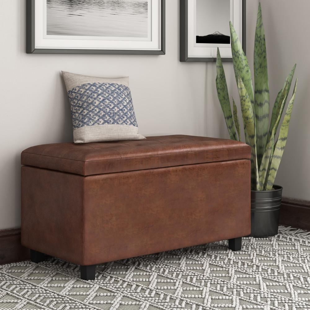 Distressed Saddle Brown Distressed Vegan Leather | Cosmopolitan Faux Air Leather Storage Ottoman