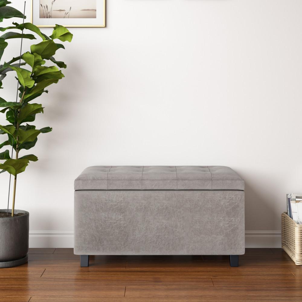 Distressed Grey Taupe Distressed Vegan Leather | Cosmopolitan Faux Air Leather Storage Ottoman