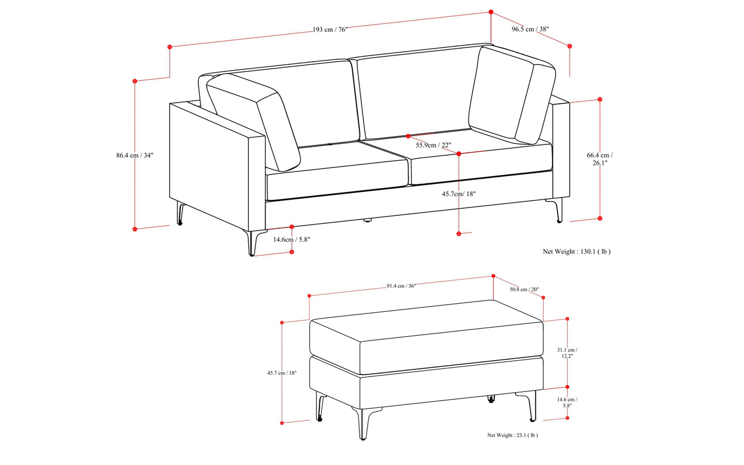 Pebble Grey Performance Fabric | Ava 76 inch Mid Century Sofa with Ottoman Set