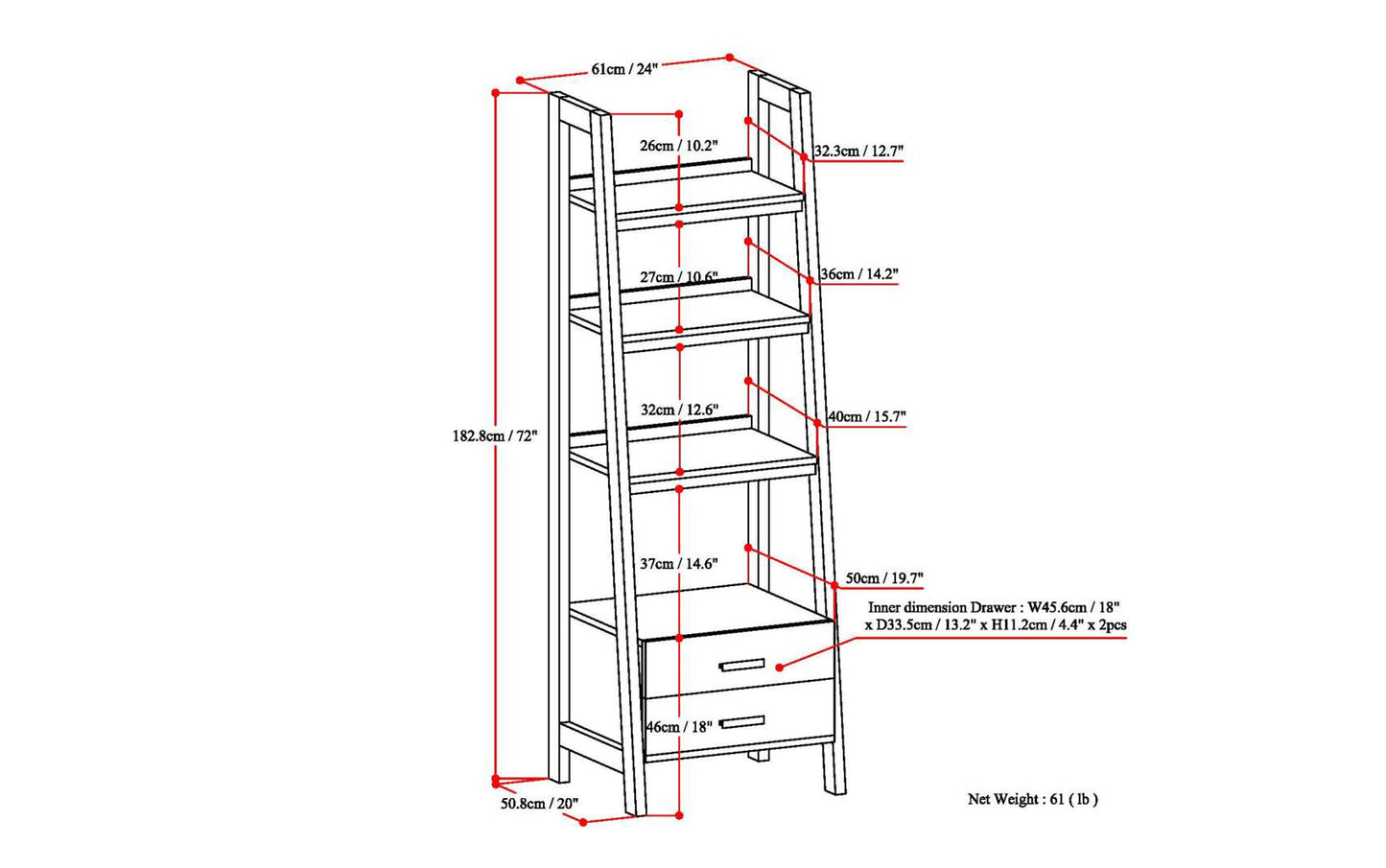 Dark Chestnut Brown | Sawhorse 24 inch Ladder Shelf with Storage