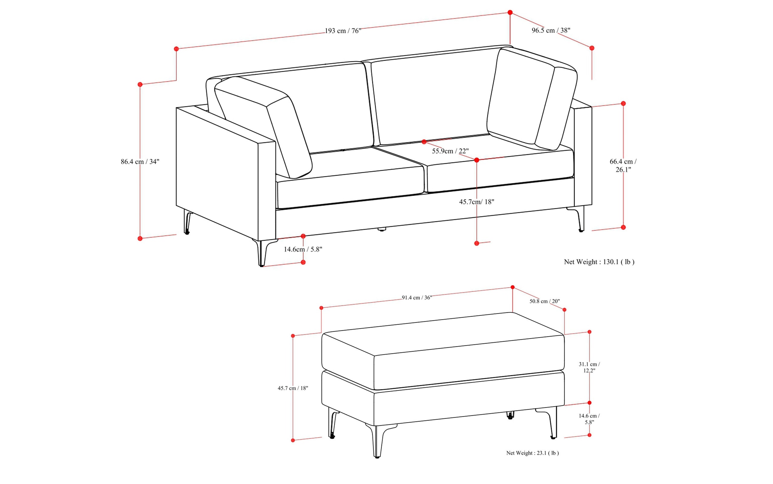 Cream Performance Fabric | Ava 76 inch Mid Century Sofa with Ottoman Set