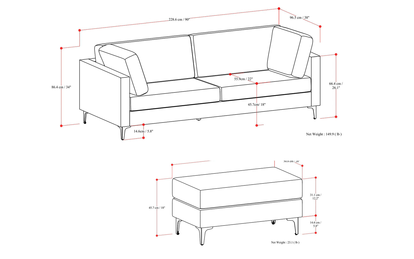 Pebble Grey Performance Fabric | Ava 90 inch Mid Century Sofa with Ottoman Set