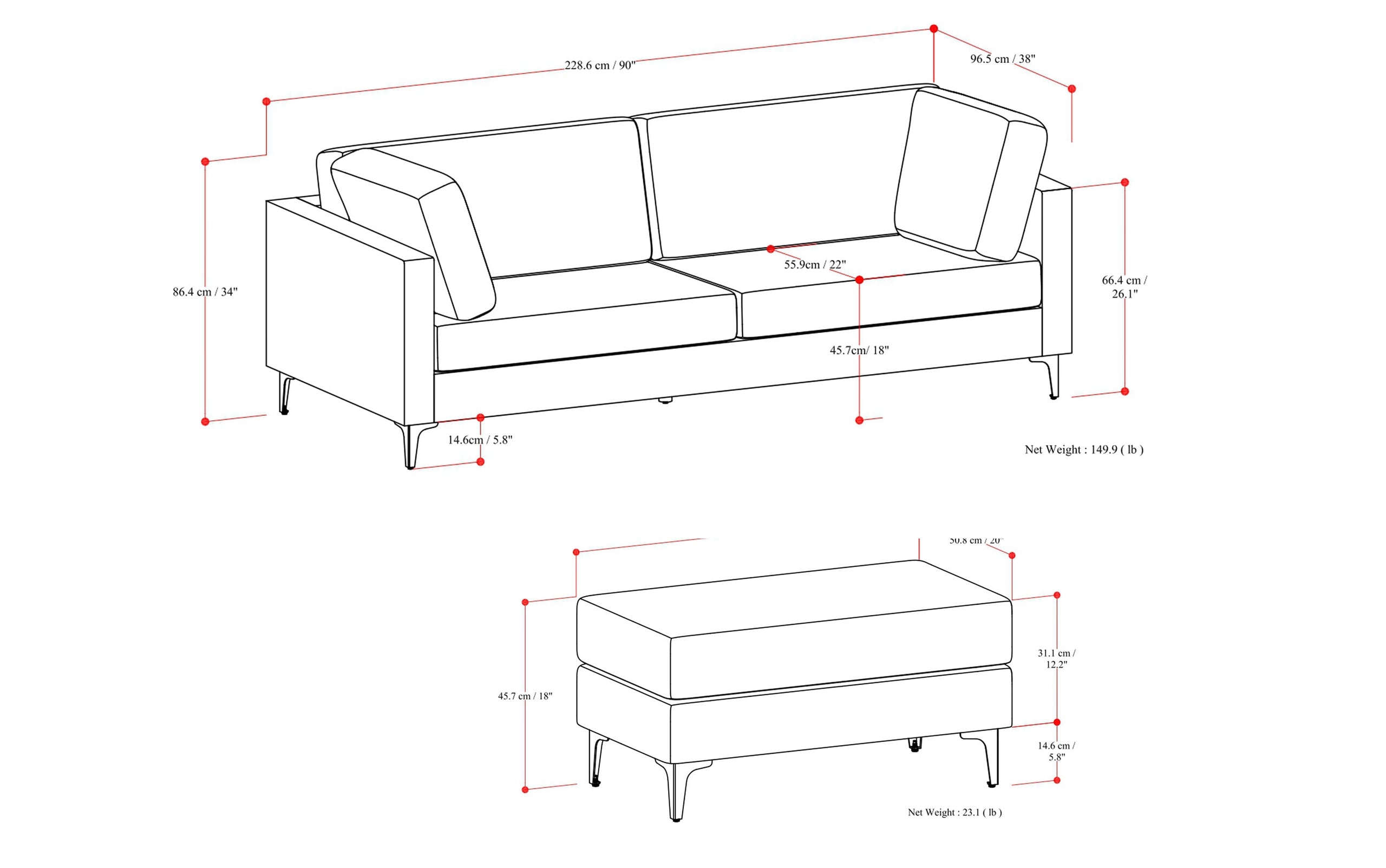 Cream Performance Fabric | Ava 90 inch Mid Century Sofa with Ottoman Set