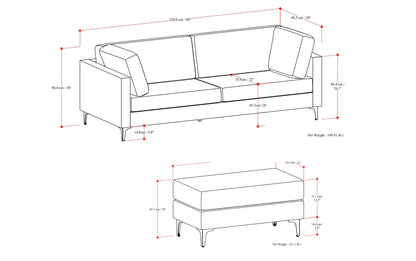 Cream Performance Fabric | Ava 90 inch Mid Century Sofa with Ottoman Set