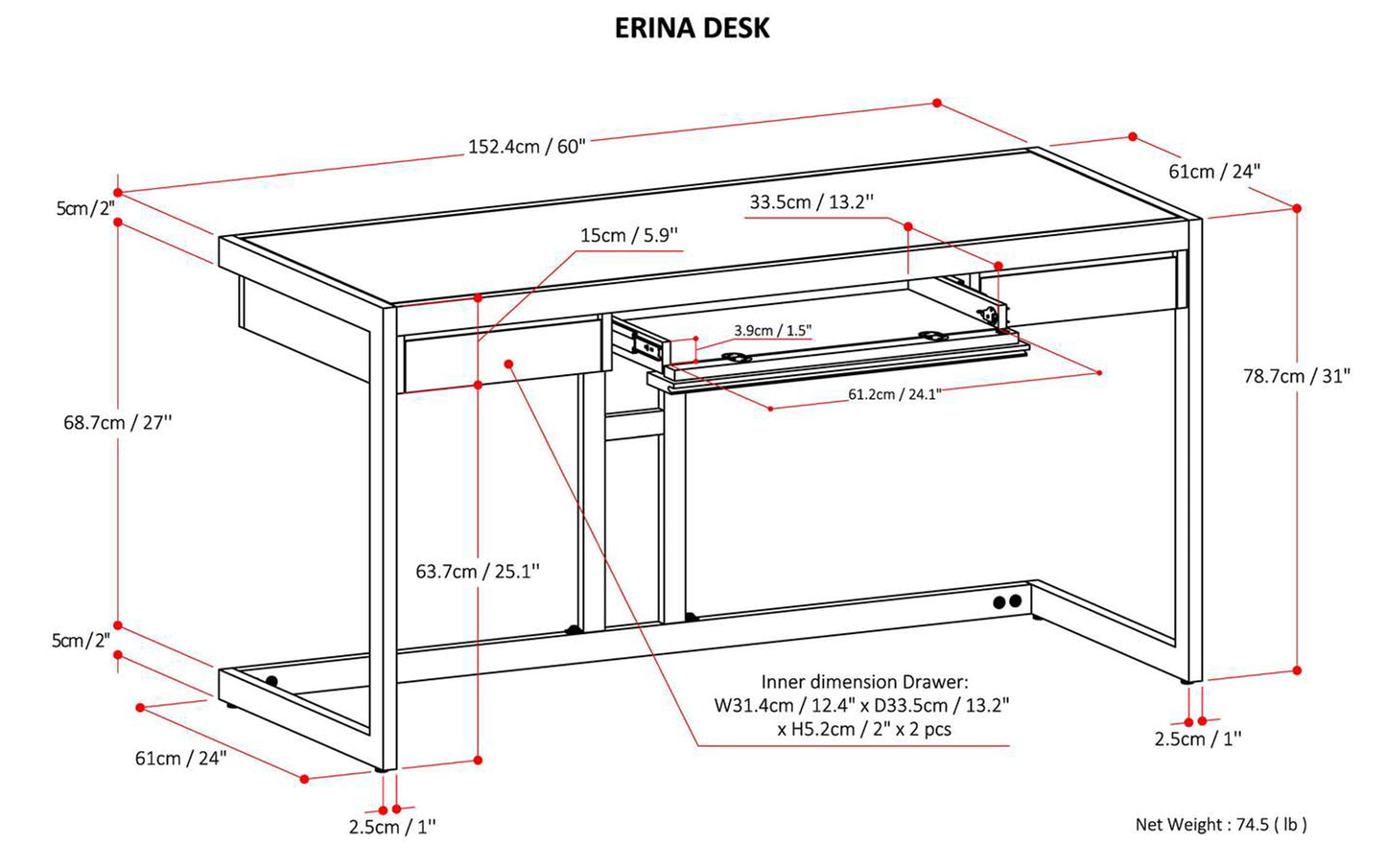 Distressed Charcoal Brown | Erina Desk