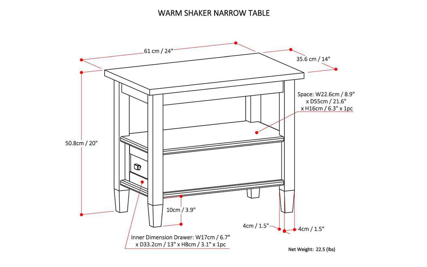 Distressed Charcoal Brown | Warm Shaker Narrow Side Table