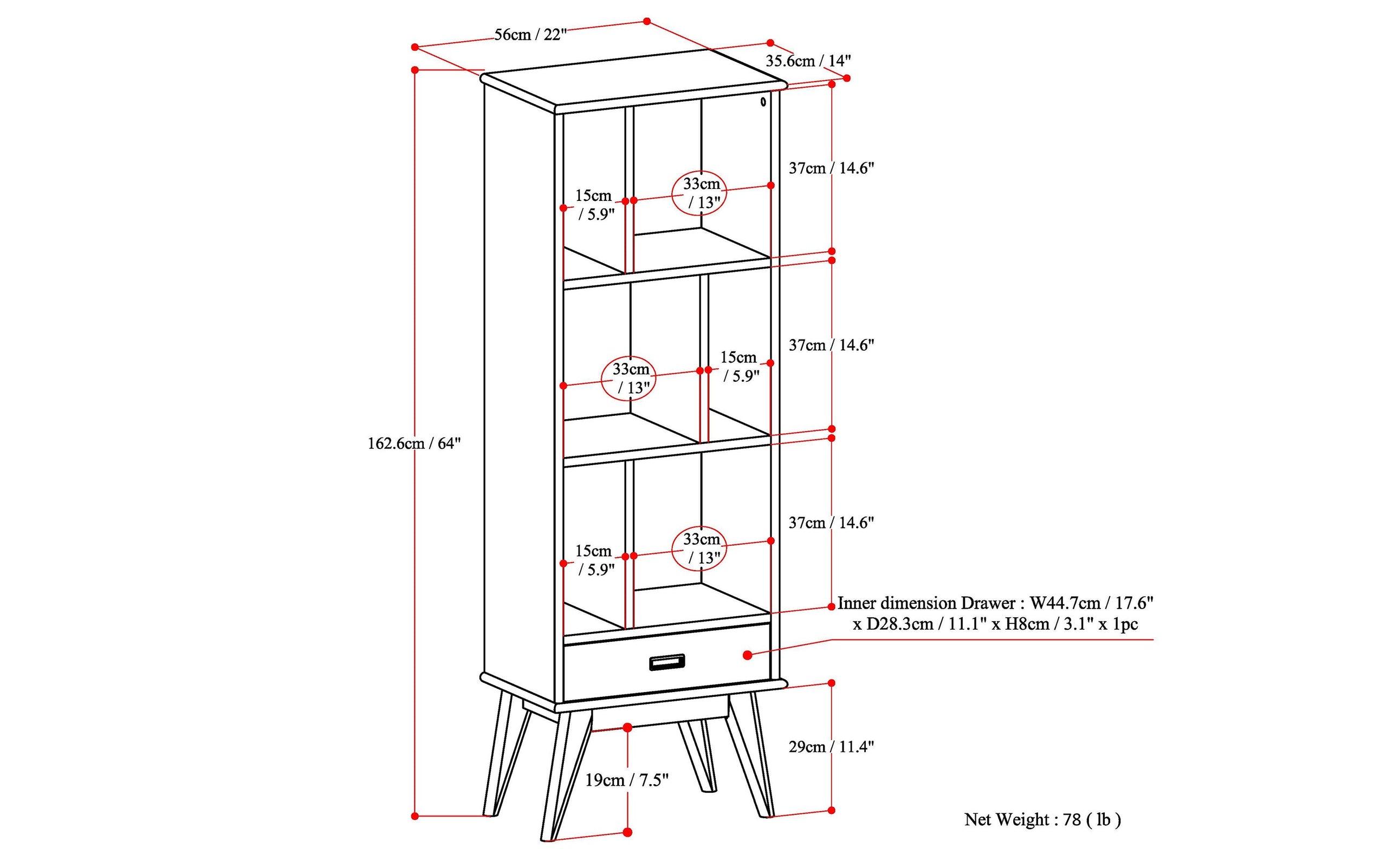 Teak Brown | Draper 22W 6 Cubbie Bookcase with Drawer (Set of 2)