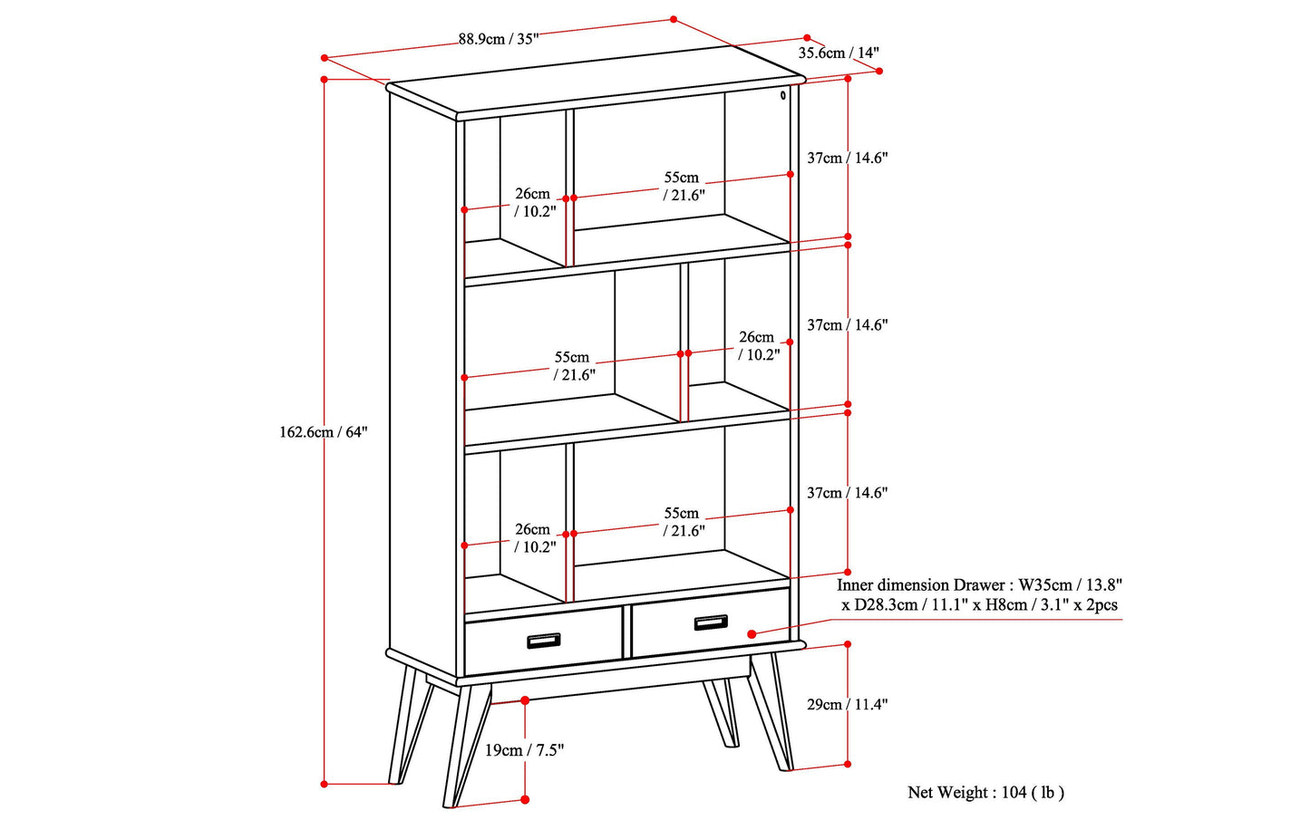 Medium Auburn Brown | Draper 35W 6 Cubbie Bookcase with Drawer (Set of 2)