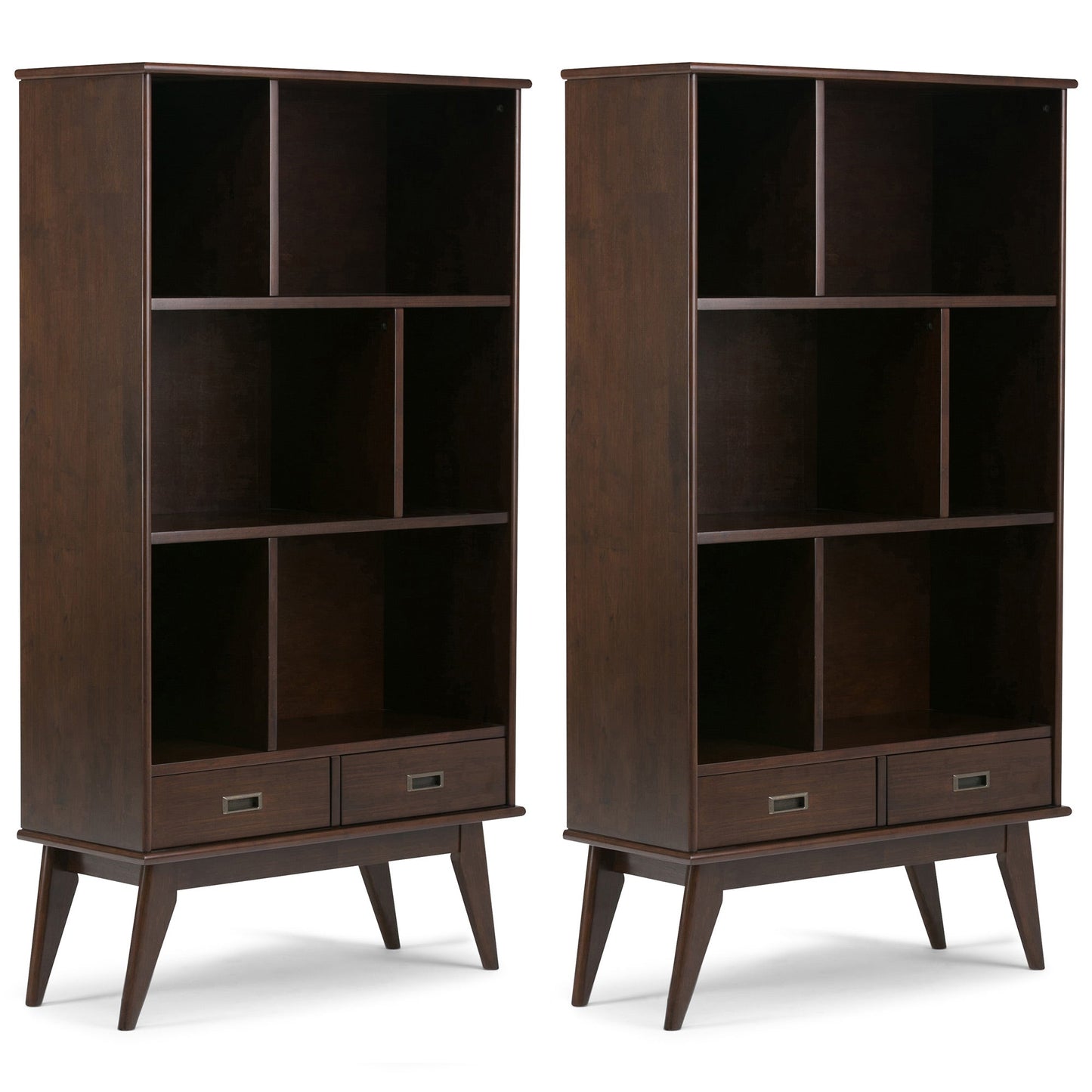 Medium Auburn Brown | Draper 35W 6 Cubbie Bookcase with Drawer (Set of 2)