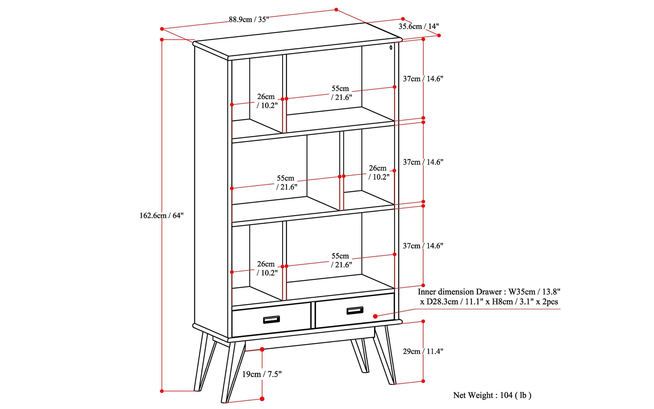 Teak Brown | Draper 35W 6 Cubbie Bookcase with Drawer (Set of 2)