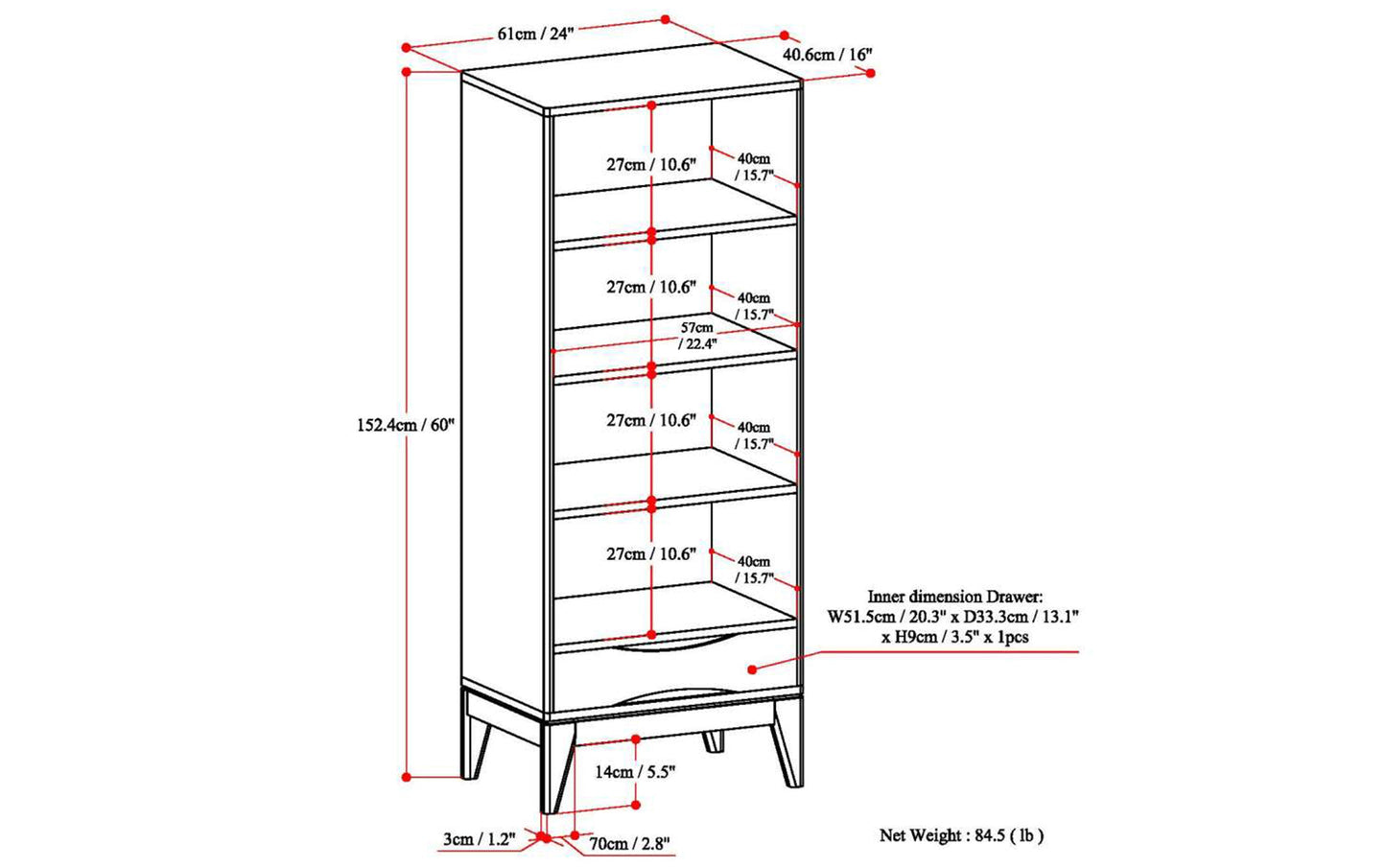 Teak Brown | Harper 24W 4 Shelf Bookcase with Drawer (Set of 2)