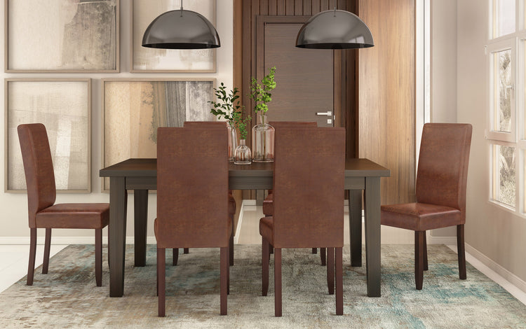 Distressed Saddle Brown Distressed Vegan Leather | Acadian 7 Piece Dining Set