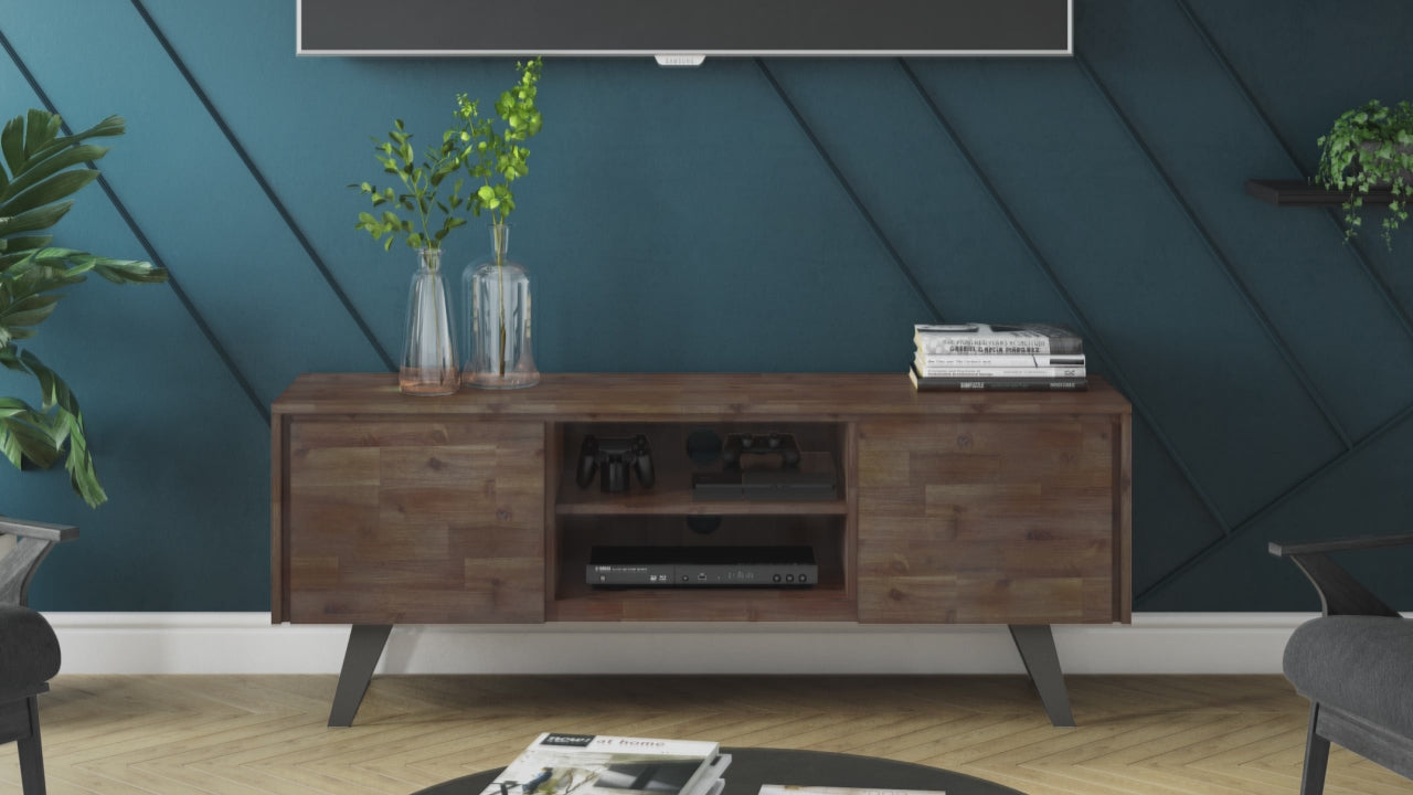 Distressed Charcoal Brown Acacia | Lowry Solid Acacia Wood Wide TV Media Stand For TVs up to 70 Inches