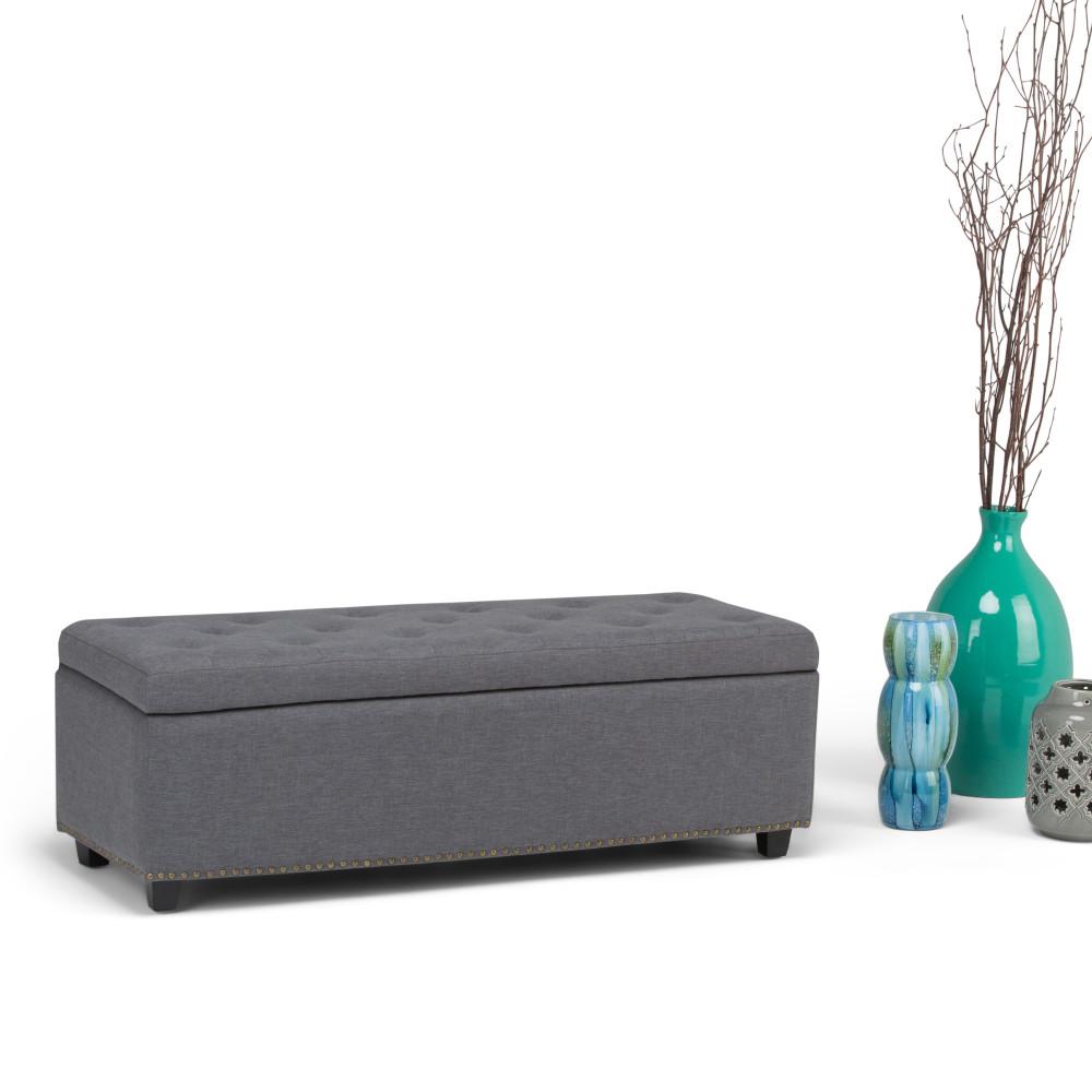 Slate Grey Linen Style Fabric | Hamilton Vegan Leather Storage Ottoman