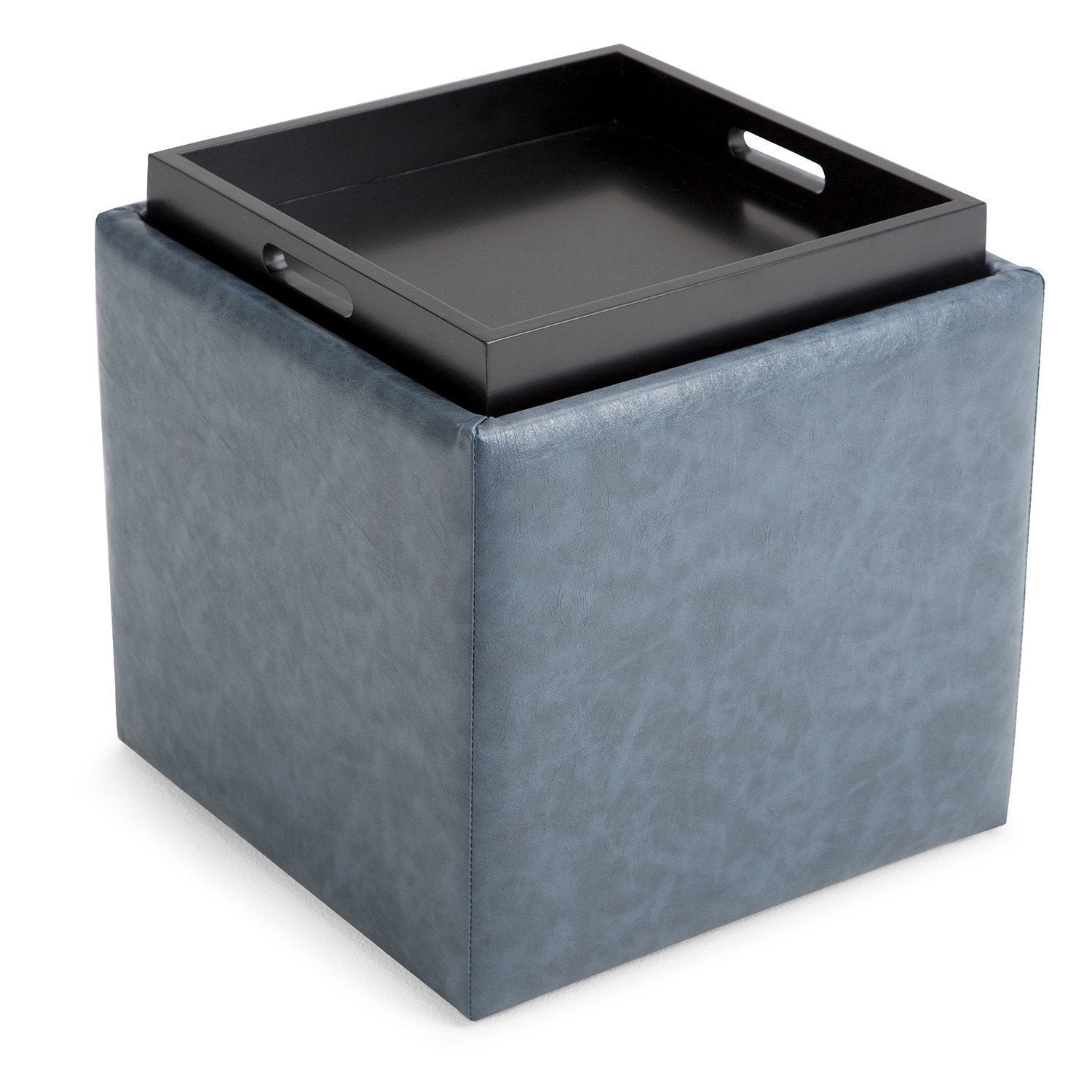 Denim Blue Vegan Leather | Rockwood Vegan Leather Cube Storage Ottoman with Tray