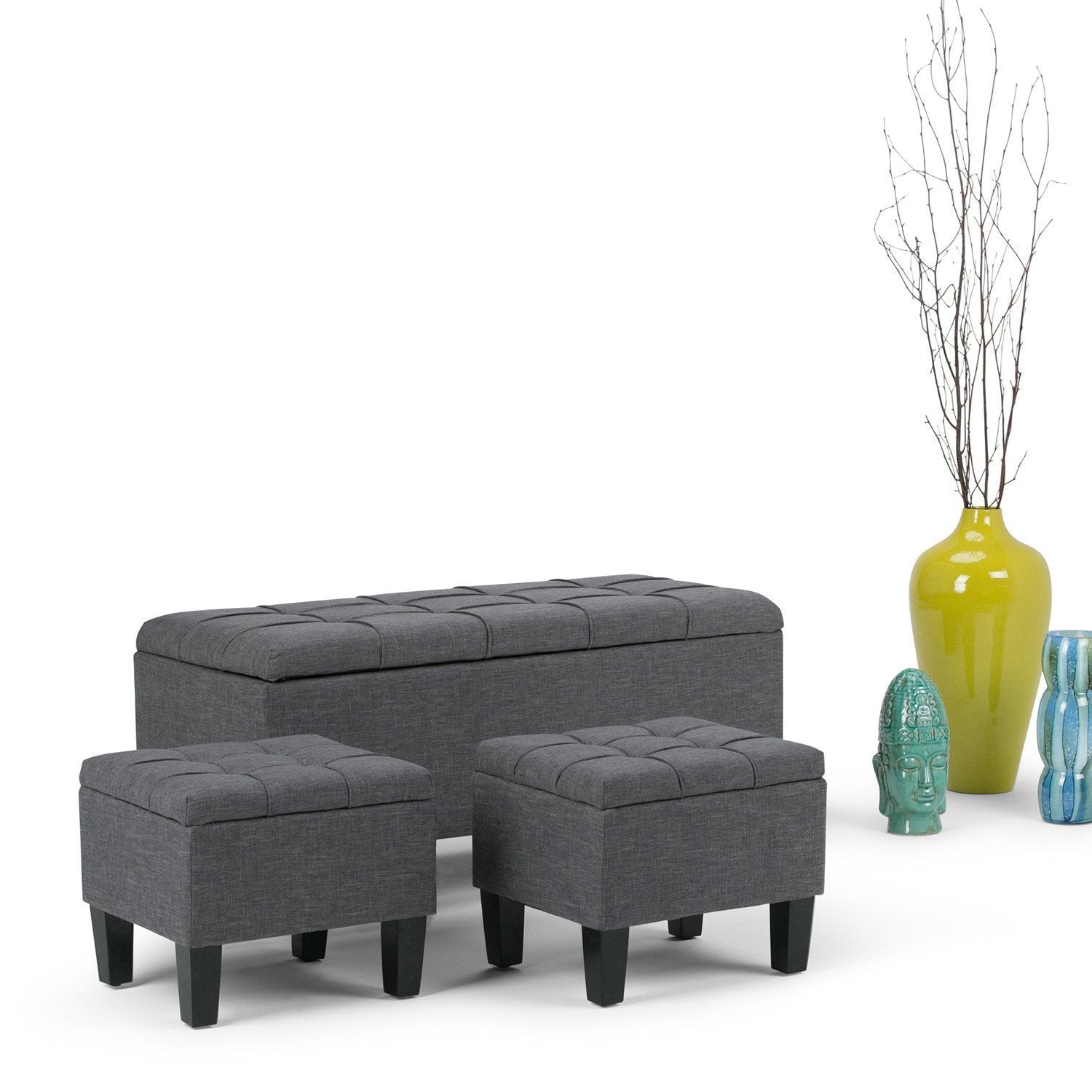 Slate Grey Linen Style Fabric | Dover 3 piece Vegan Leather Storage Ottoman