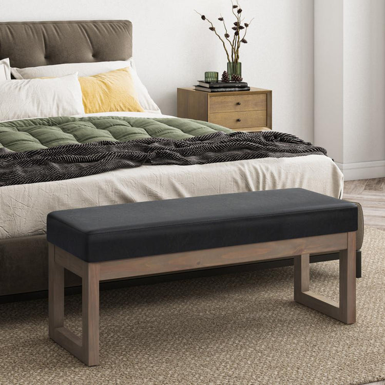 Midnight Black Vegan Leather | Milltown 44 inch Large Ottoman Bench in Linen Style Fabric