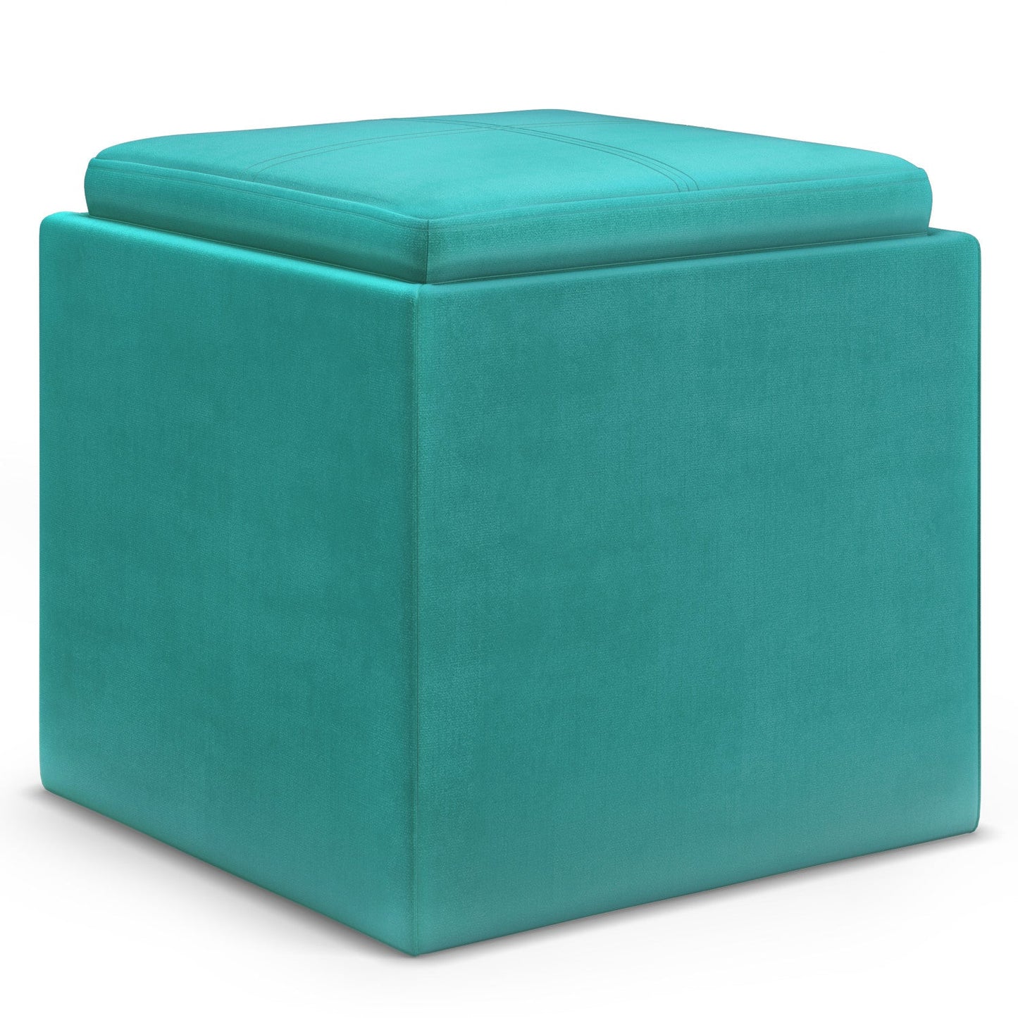 Aqua Blue Velvet Fabric | Rockwood Vegan Leather Cube Storage Ottoman with Tray