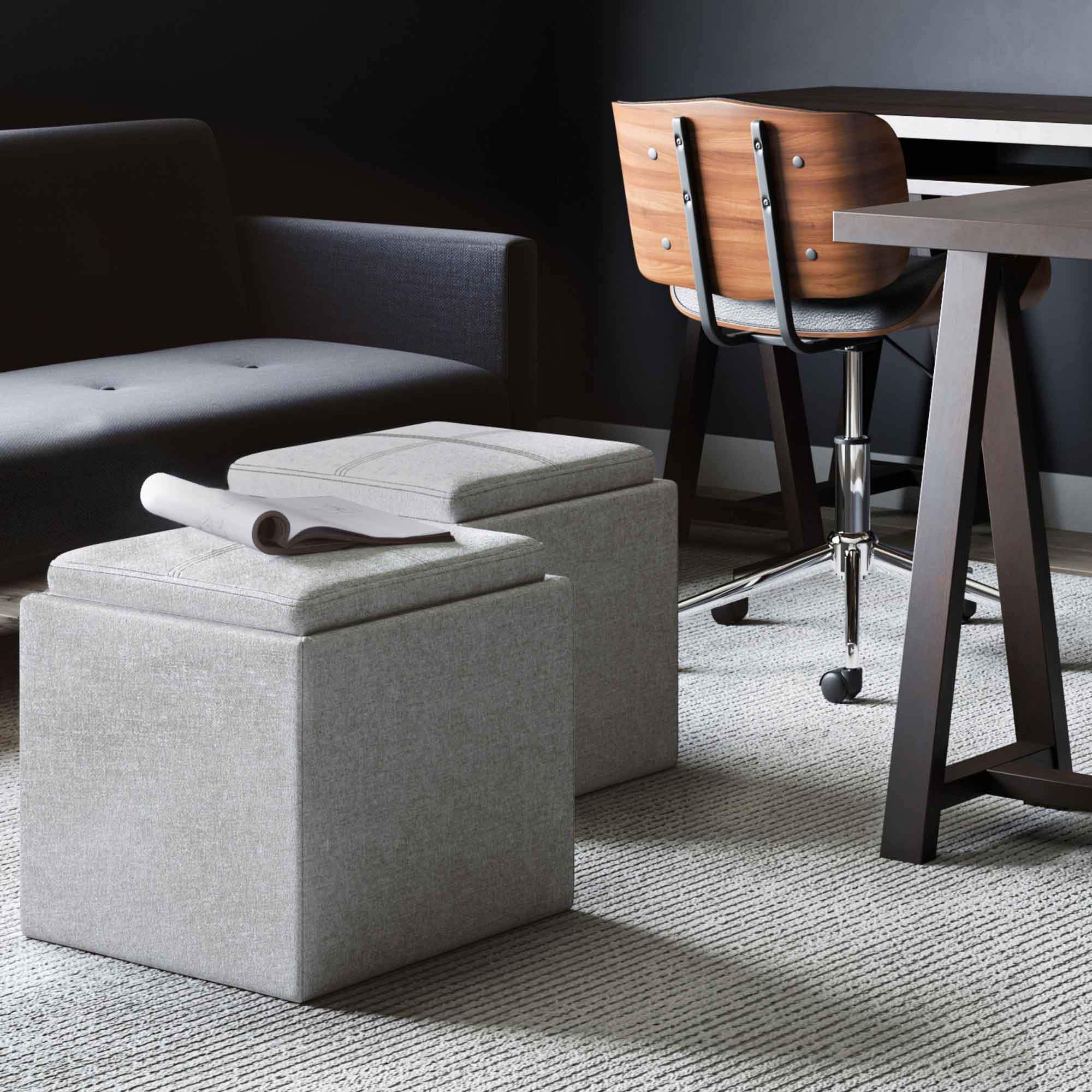 Cloud Grey Linen Style Fabric | Rockwood Vegan Leather Cube Storage Ottoman with Tray