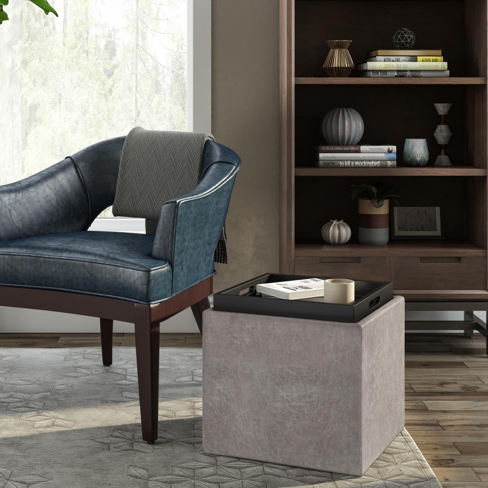 Distressed Grey Taupe Distressed Vegan Leather | Rockwood Vegan Leather Cube Storage Ottoman with Tray