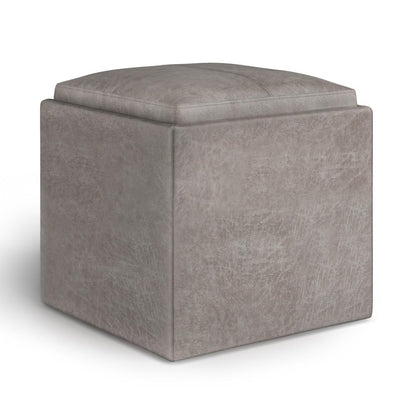 Distressed Grey Taupe Distressed Vegan Leather | Rockwood Vegan Leather Cube Storage Ottoman with Tray