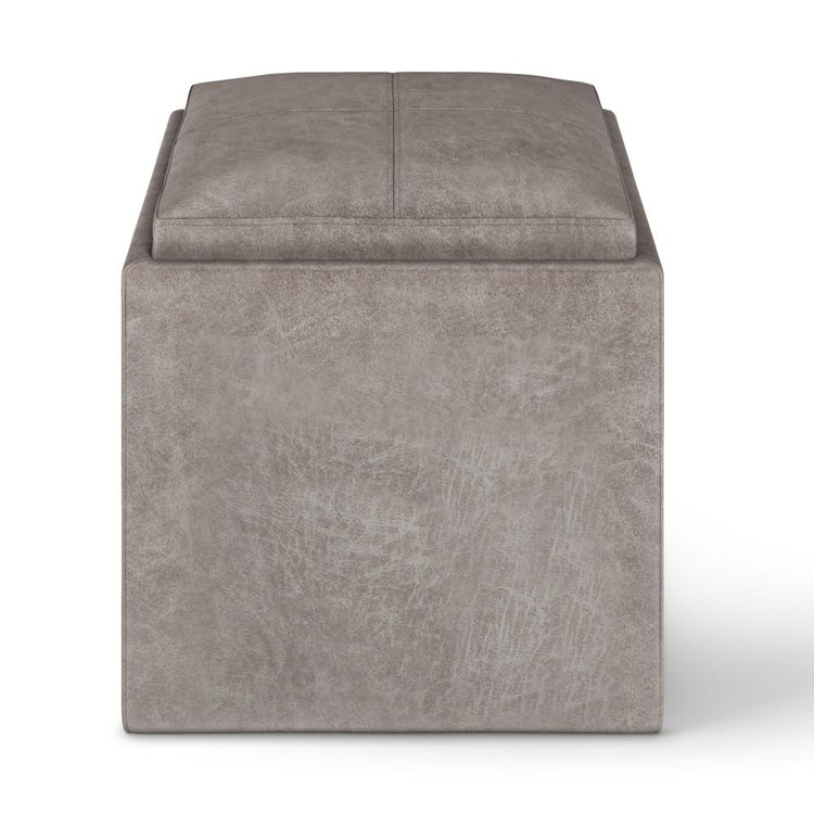 Distressed Grey Taupe Distressed Vegan Leather | Rockwood Vegan Leather Cube Storage Ottoman with Tray