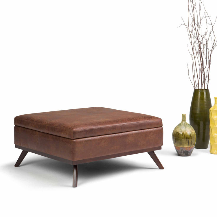 Distressed Saddle Brown Distressed Vegan Leather | Owen Coffee Table Ottoman with Storage