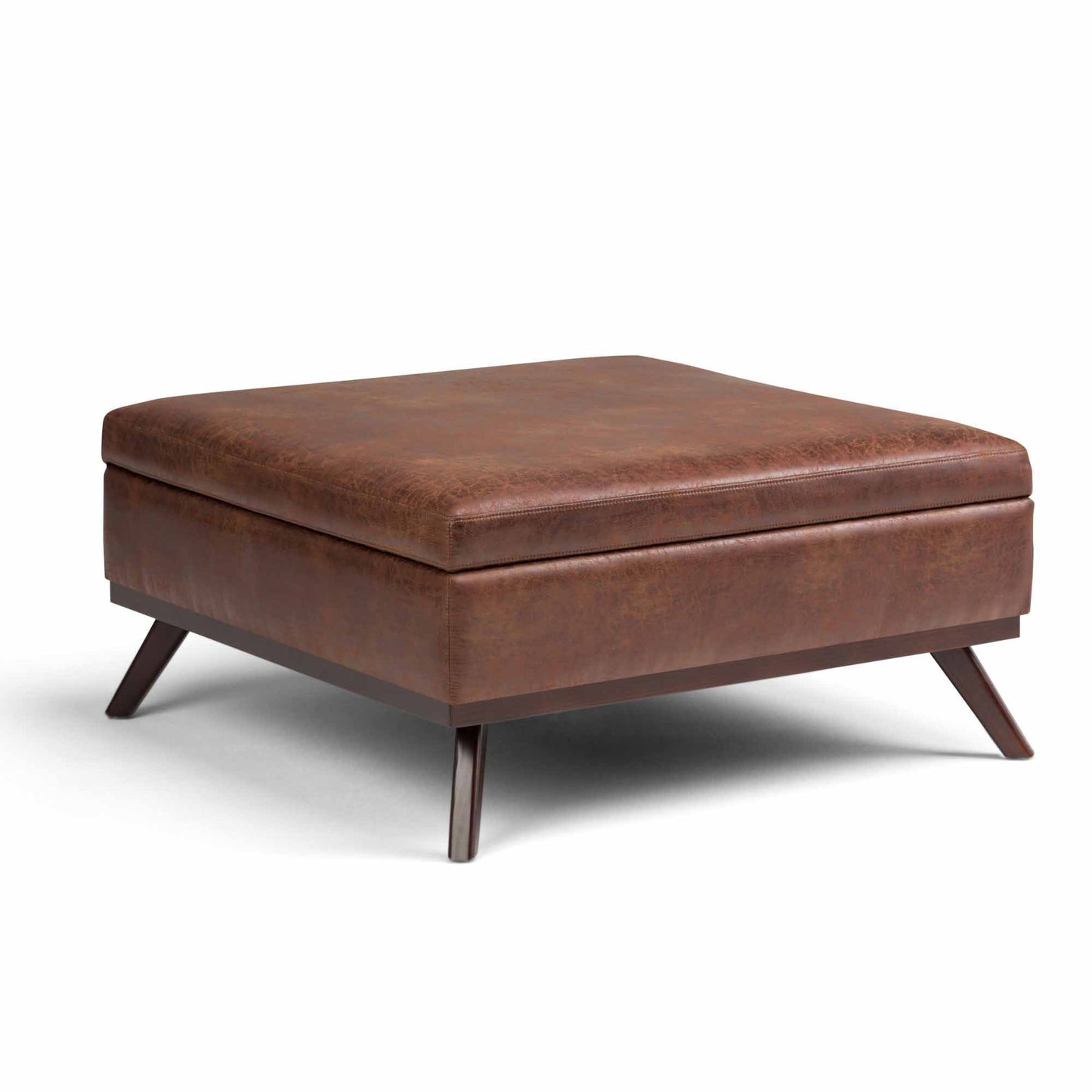 Distressed Saddle Brown Distressed Vegan Leather | Owen Coffee Table Ottoman with Storage