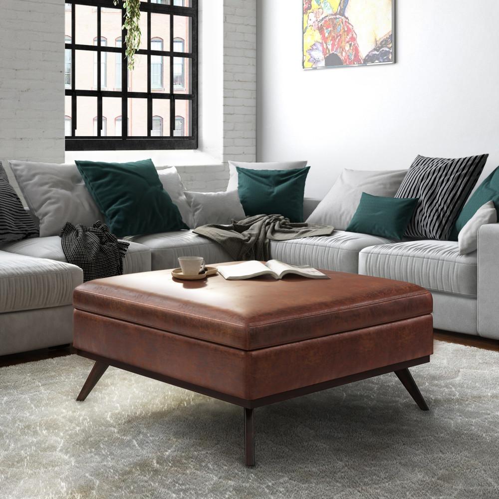 Distressed Saddle Brown Distressed Vegan Leather | Owen XL Square Storage Ottoman