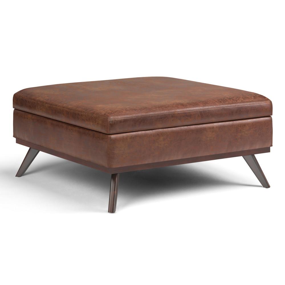 Distressed Saddle Brown Distressed Vegan Leather | Owen XL Square Storage Ottoman