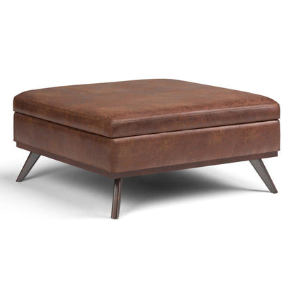 Distressed Saddle Brown Distressed Vegan Leather | Owen XL Square Storage Ottoman