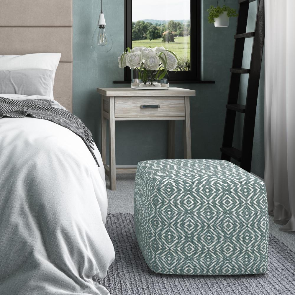 Patterned Teal and Natural | Graham Square Pouf